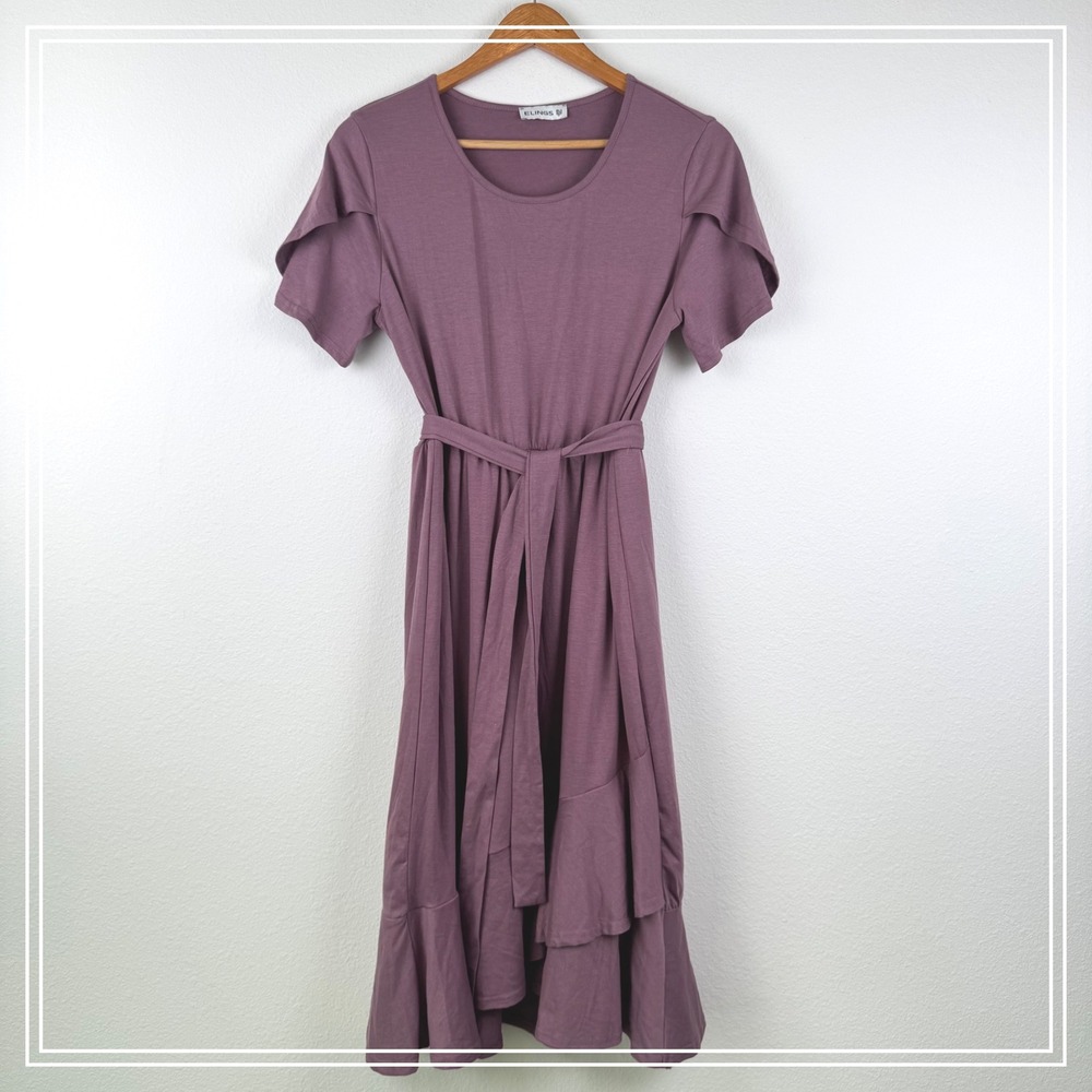 Elings Midi Dress Women L Purple Excellent Ruffle Hem Short Sleeve Belted Chic
